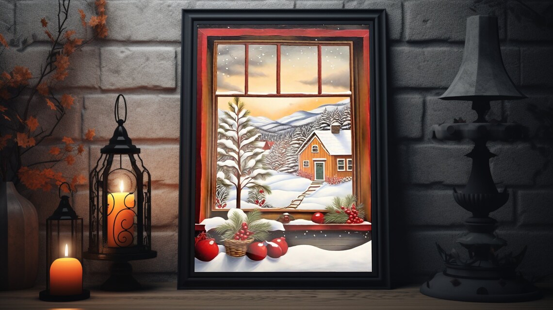 Christmas Folk Art Poster Print Winter Painting Folk Art Print Xmas Holiday Decor Christmas Winter Wall Art Snowy Holiday Artwork
