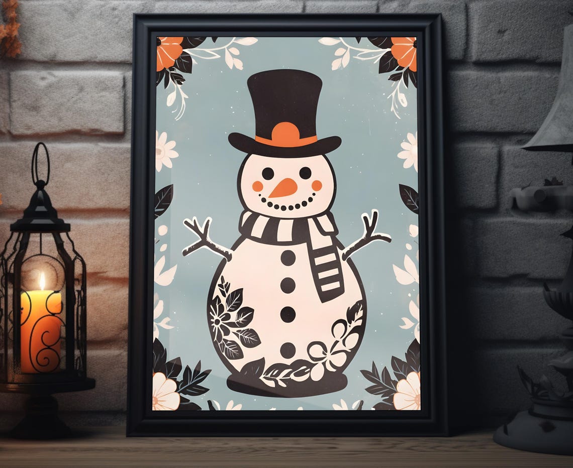 Cute Snowman Top Hat Floral Boho Sage Background Christmas Poster
