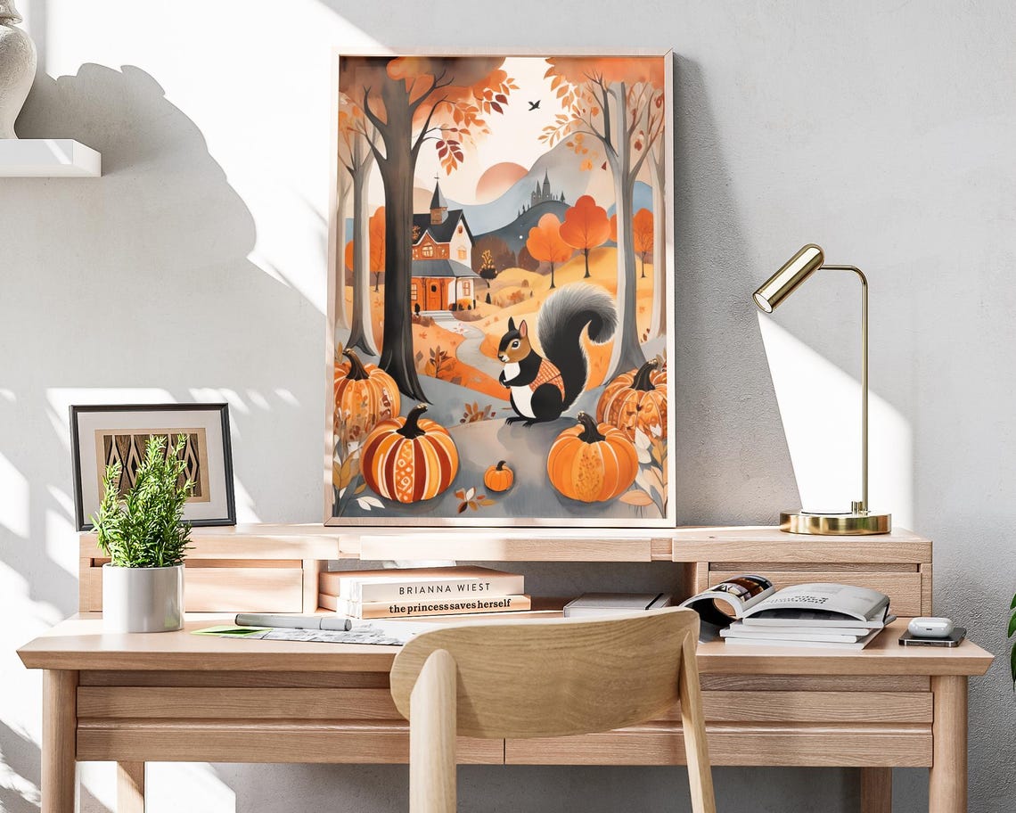 Autumn Squirrel Pumpkin Patch Woodland Sunset Folk Art Poster - Image 4