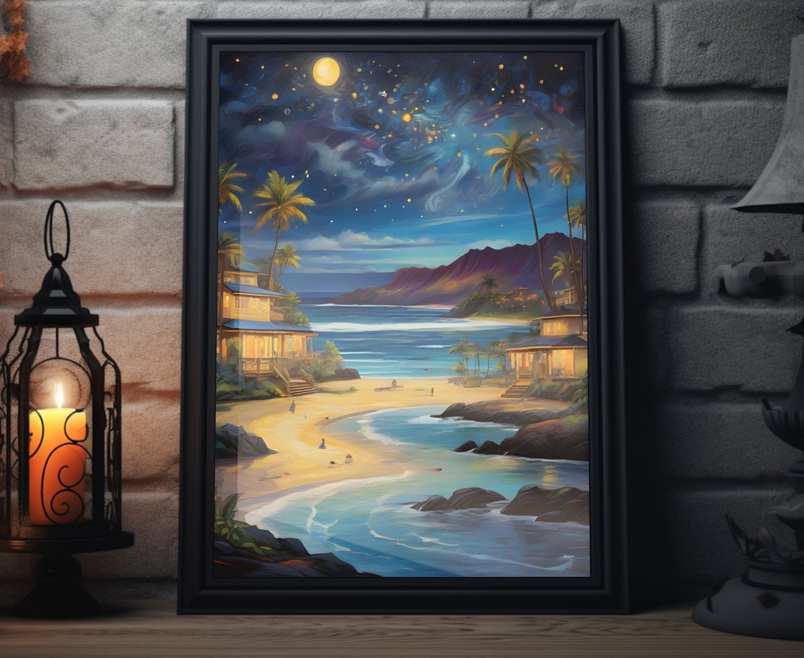 Hawaii Beach Starry Night Palm Trees Moonlit Bay Tropical View Poster