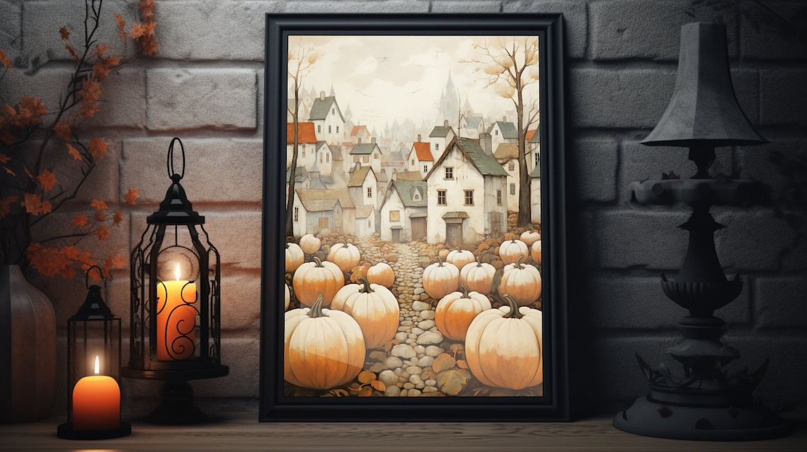 Vintage Harvest Village Street With Cream Pumpkins Autumn Wall Art Poster
