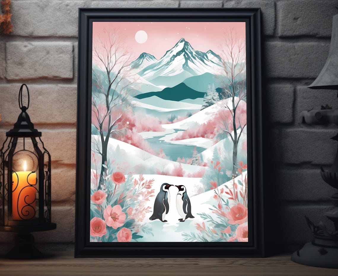 Penguin Pair Snowy Pink Mountain Winter Wonderland Art Poster