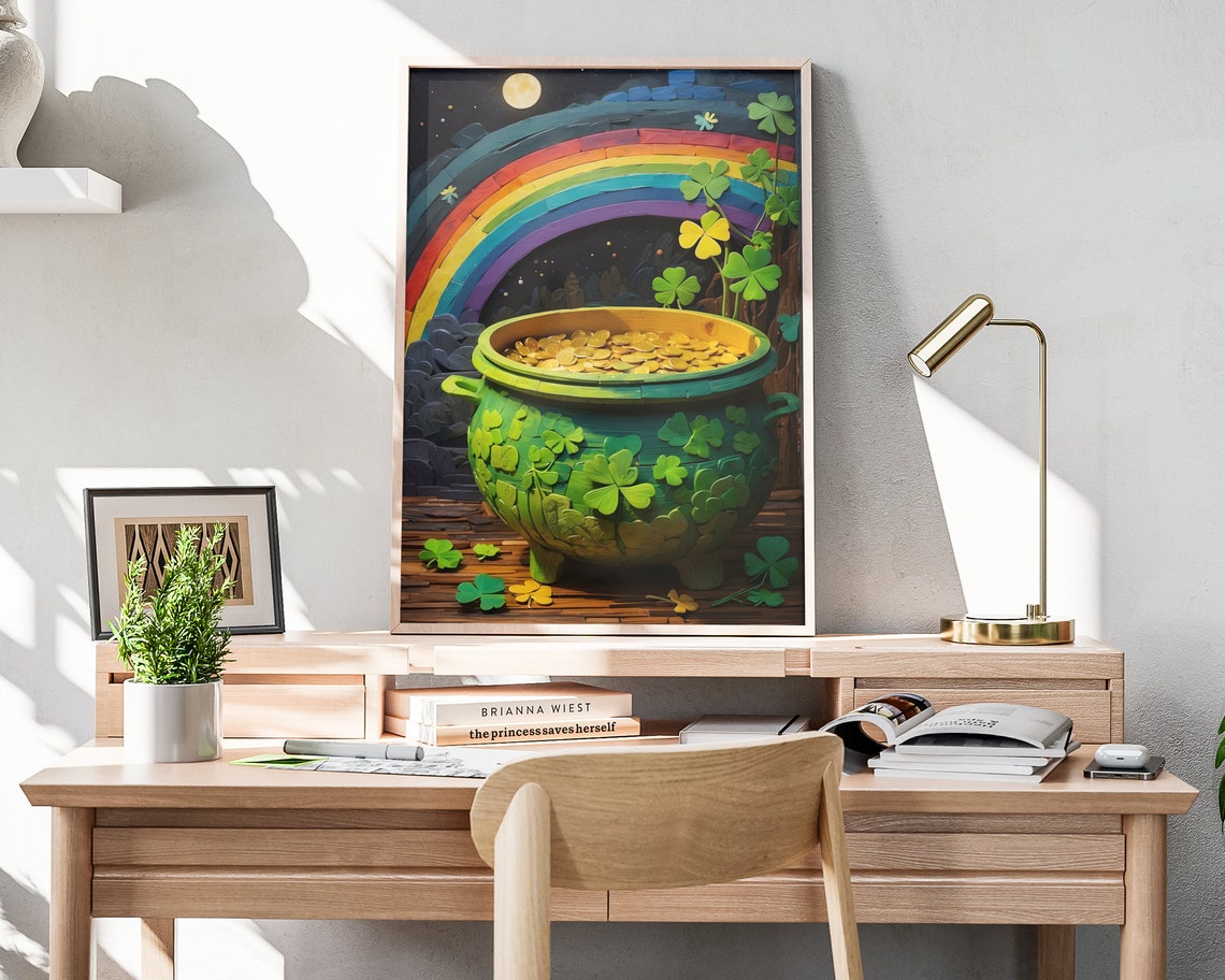 St Patricks Day Shamrock Pot Of Gold Rainbow Moonlit Night Poster - Image 4