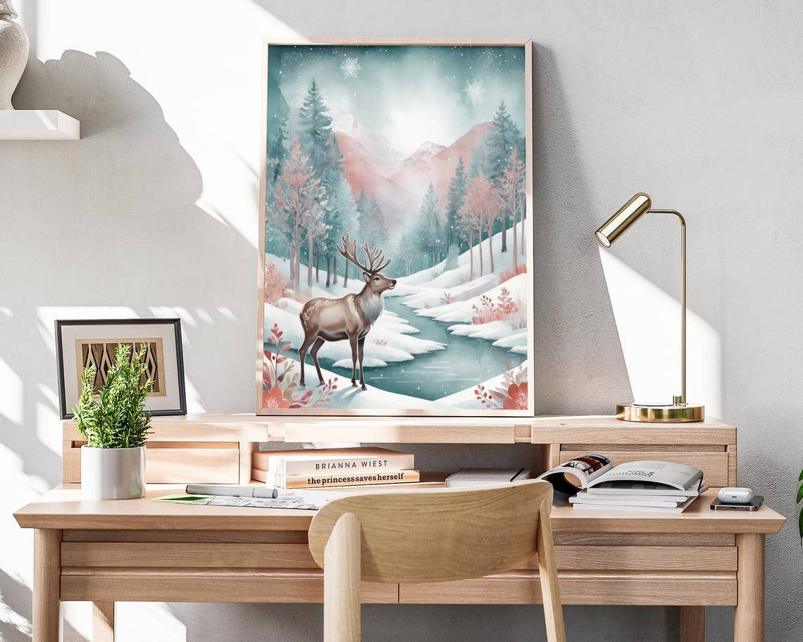 Majestic Deer In Snowy Winter Valley Pastel Moonlight Art Poster - Image 4