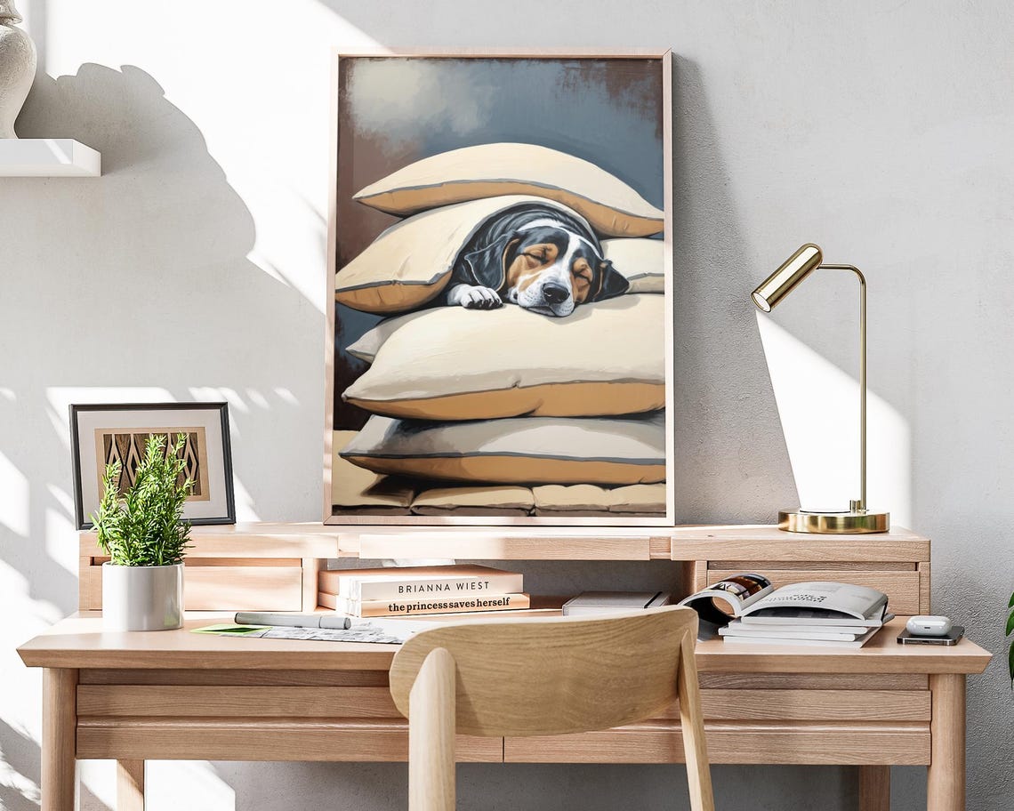 Sleeping Beagle Under Pillows Cozy Puppy Bedtime Wall Art Print - Image 4