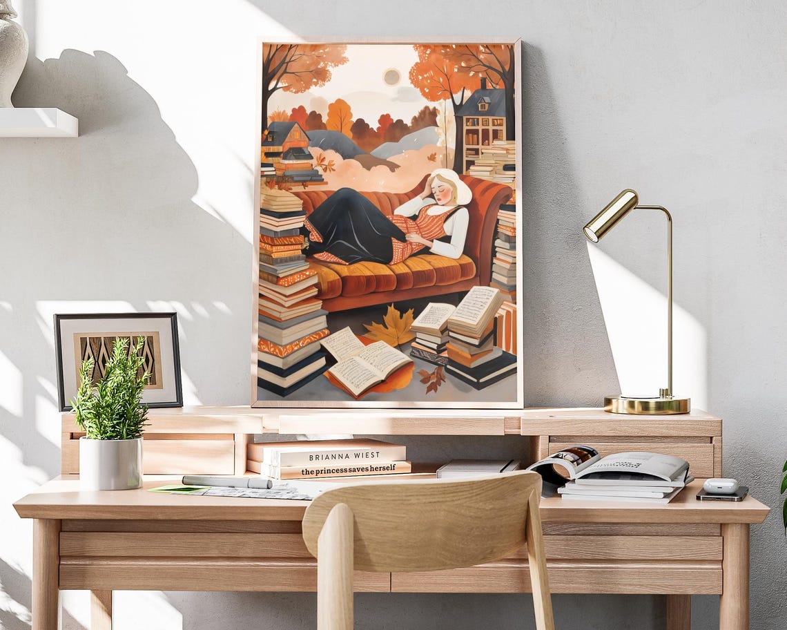 Woman Napping Books Sofa Autumn Houses Cozy Reading Art Poster - Image 4