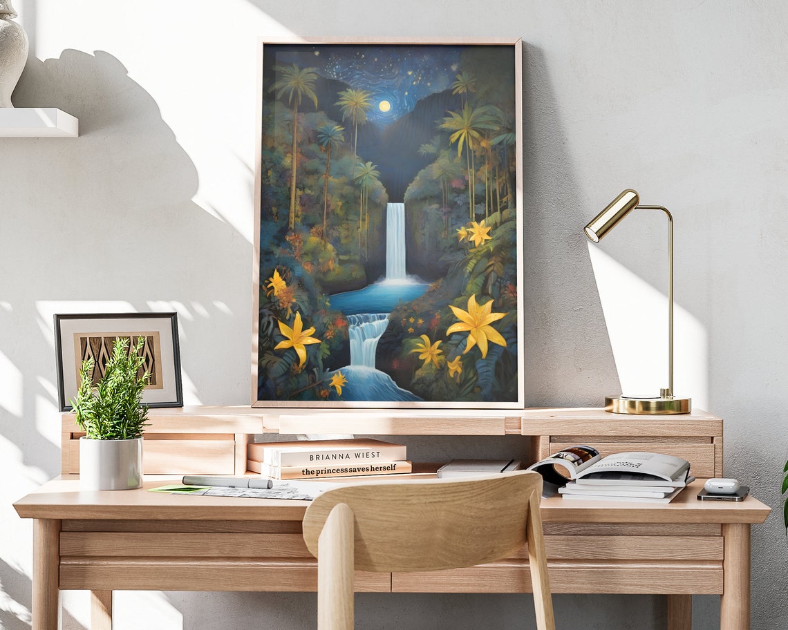 Hawaii Starry Night Waterfall Tropical Jungle Moon Glow Poster - Image 3