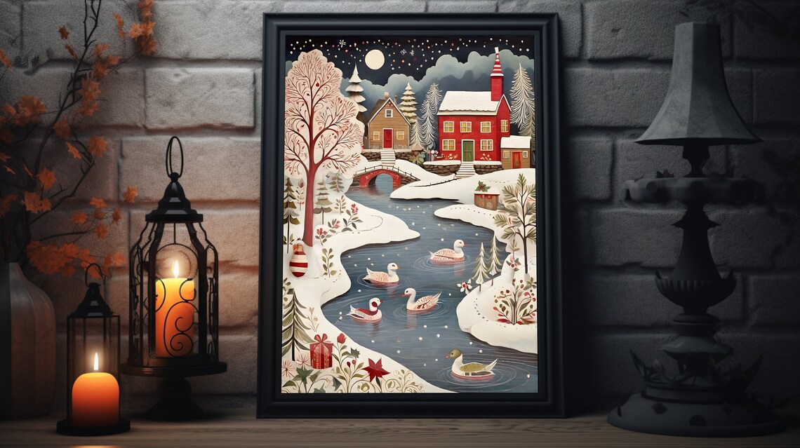 Christmas Folk Art Snowy Village River Ducks Winter Night Poster