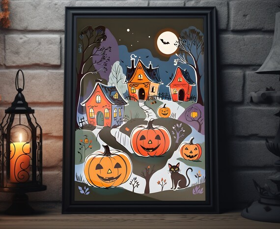 Halloween Village Jack O Lanterns Black Cat Moonlit Night Poster