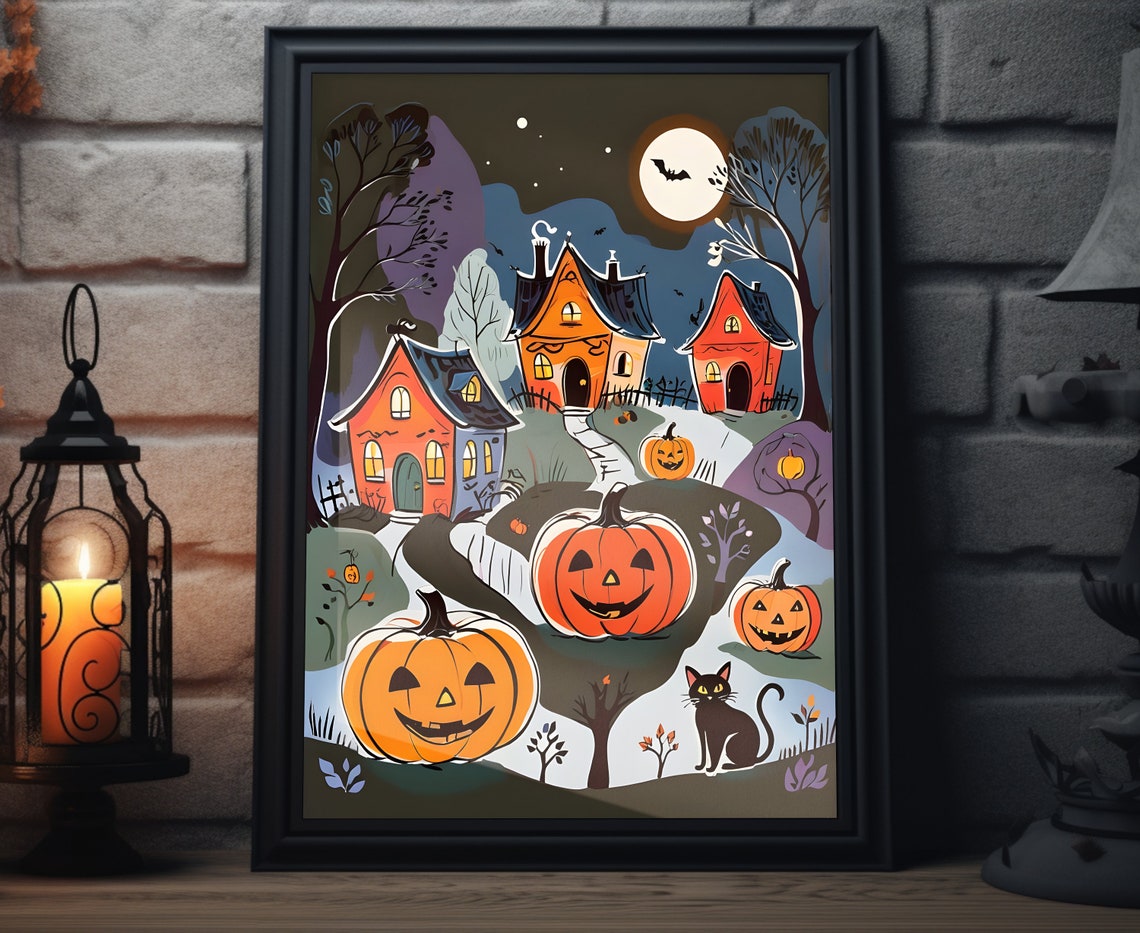 Halloween Village Jack O Lanterns Black Cat Moonlit Night Poster