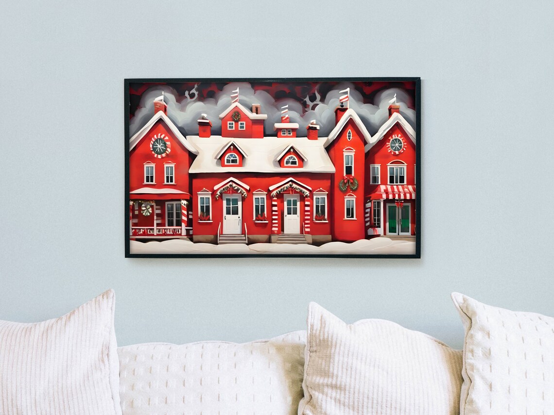 Folk Art Red Christmas House Snowy Roof Wreaths Holiday Poster - Image 2
