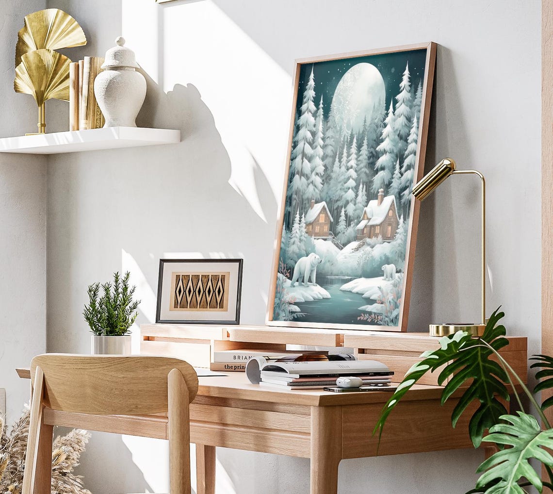 Moonlit Winter Forest Polar Bears Cabins Full Moon Night Poster - Image 3