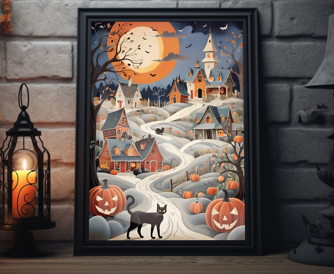 Vintage Halloween Village With Black Cat Pumpkins Moonlight Art Poster