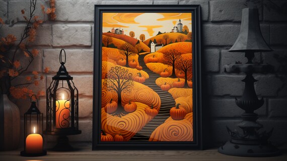 Vintage Fall Pumpkin Patch Rolling Hills Folk Art Harvest Poster