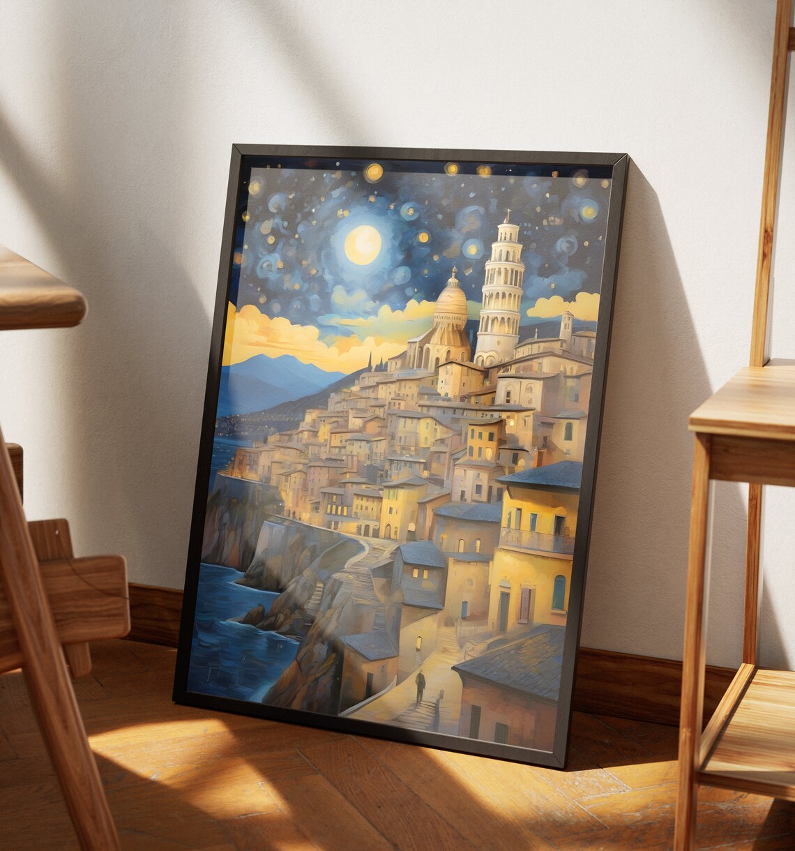 Italy Leaning Tower Of Pisa Starry Night Old Town Moon View Art Poster - Image 4