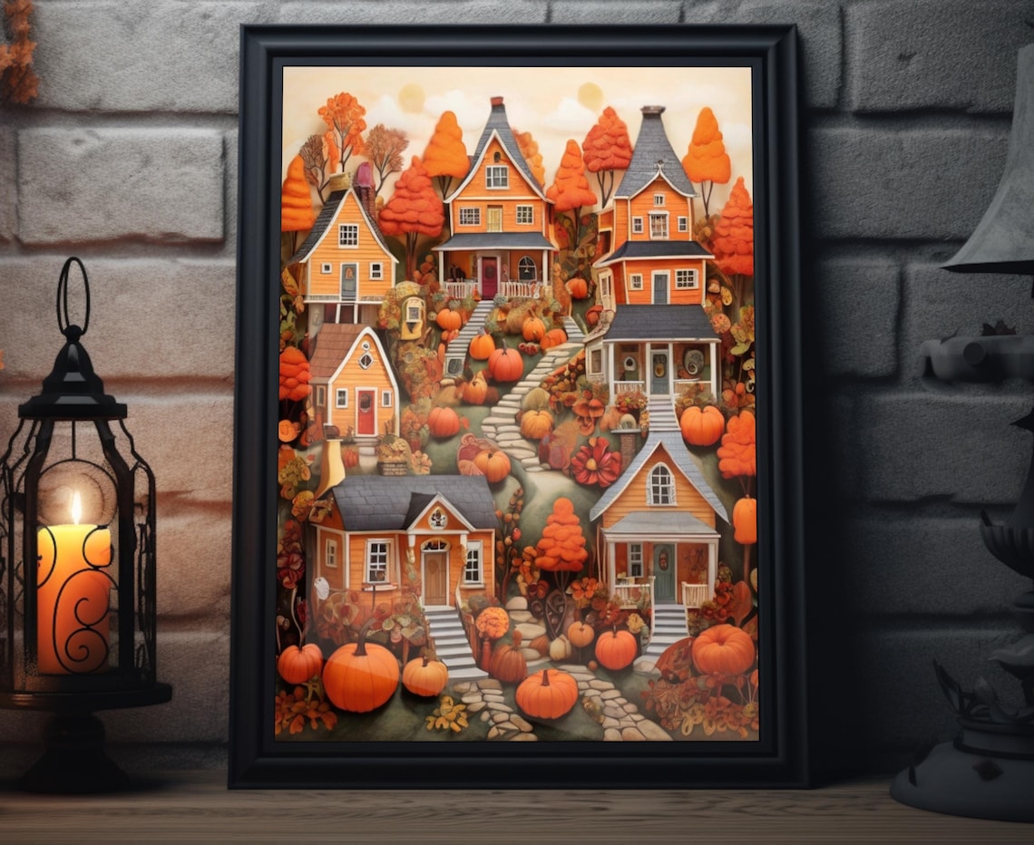 Autumn Hilltop Houses Pumpkin Village Cozy Fall Folk Art Poster