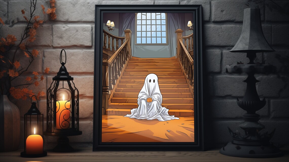 Cute Ghost Sitting on Wooden Staircase Spooky Halloween Scene Poster