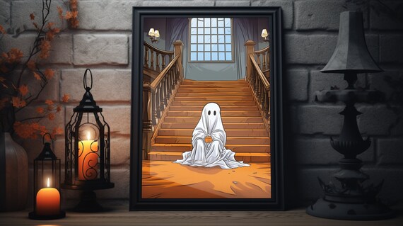 Cute Ghost Sitting on Wooden Staircase Spooky Halloween Scene Poster