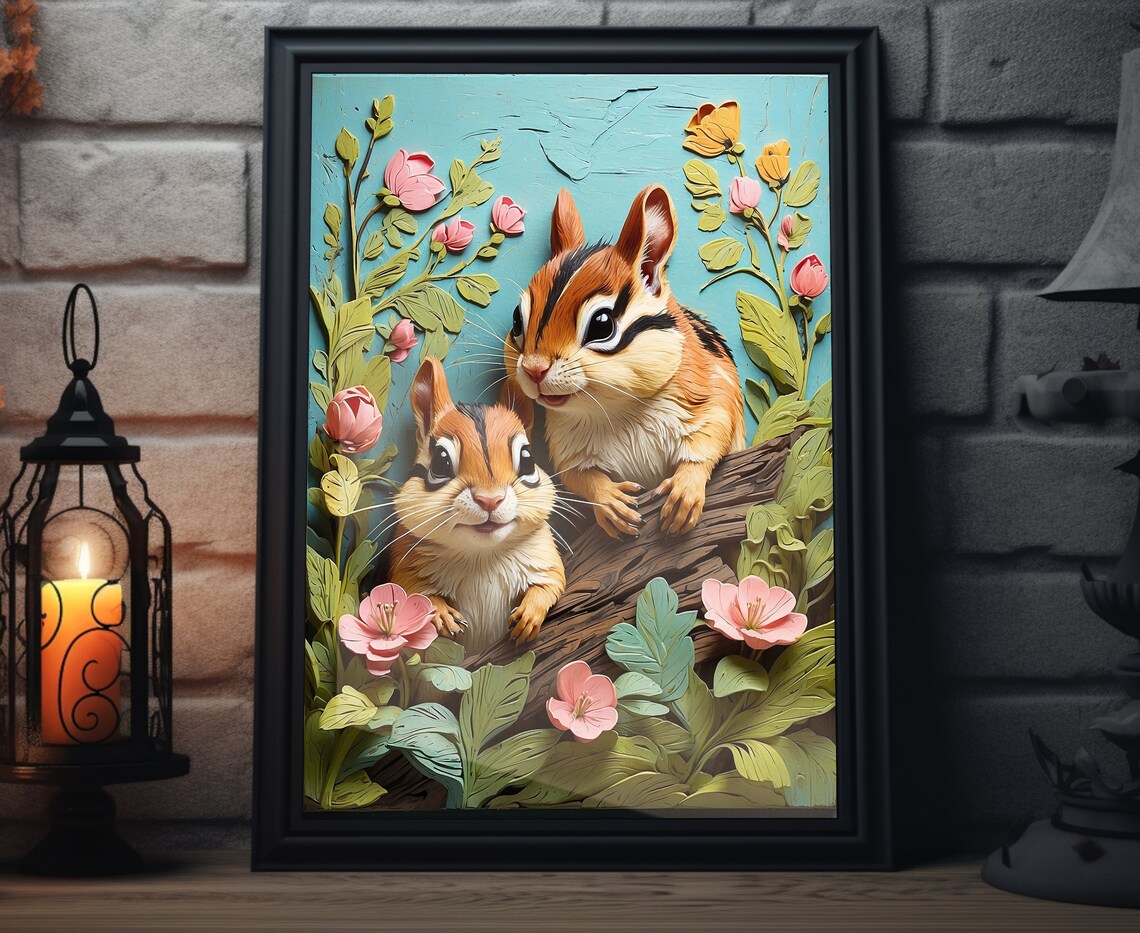 Easter Chipmunk Folk Art, Rustic Spring Painting