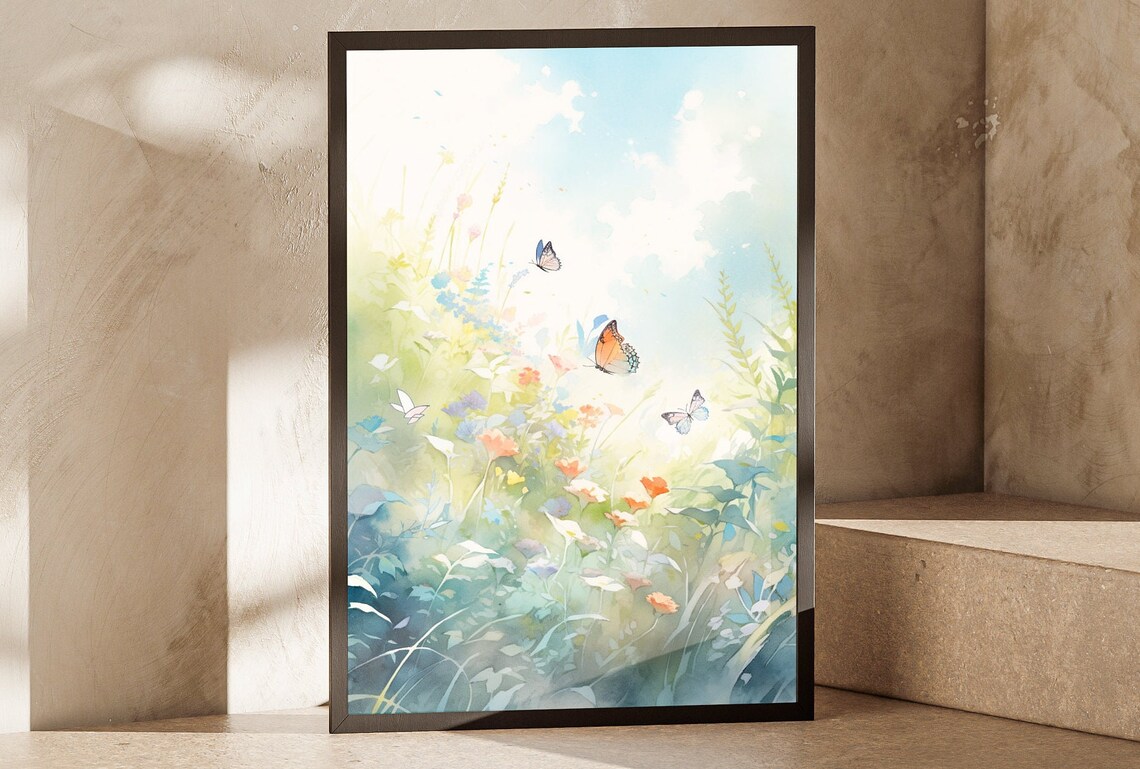 Wildflower Meadow Butterflies Pastel Watercolor Spring Blooms Garden Poster