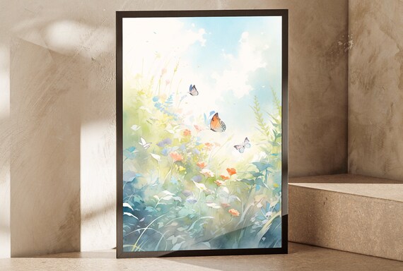 Wildflower Meadow Butterflies Pastel Watercolor Spring Blooms Garden Poster