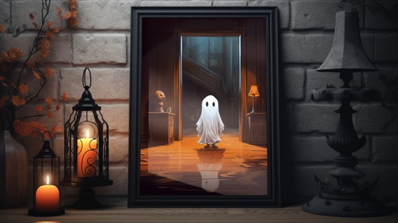 Cute Ghost Halloween Scene Wall Art Unframed Poster Adorable And Unique Decor For Halloween