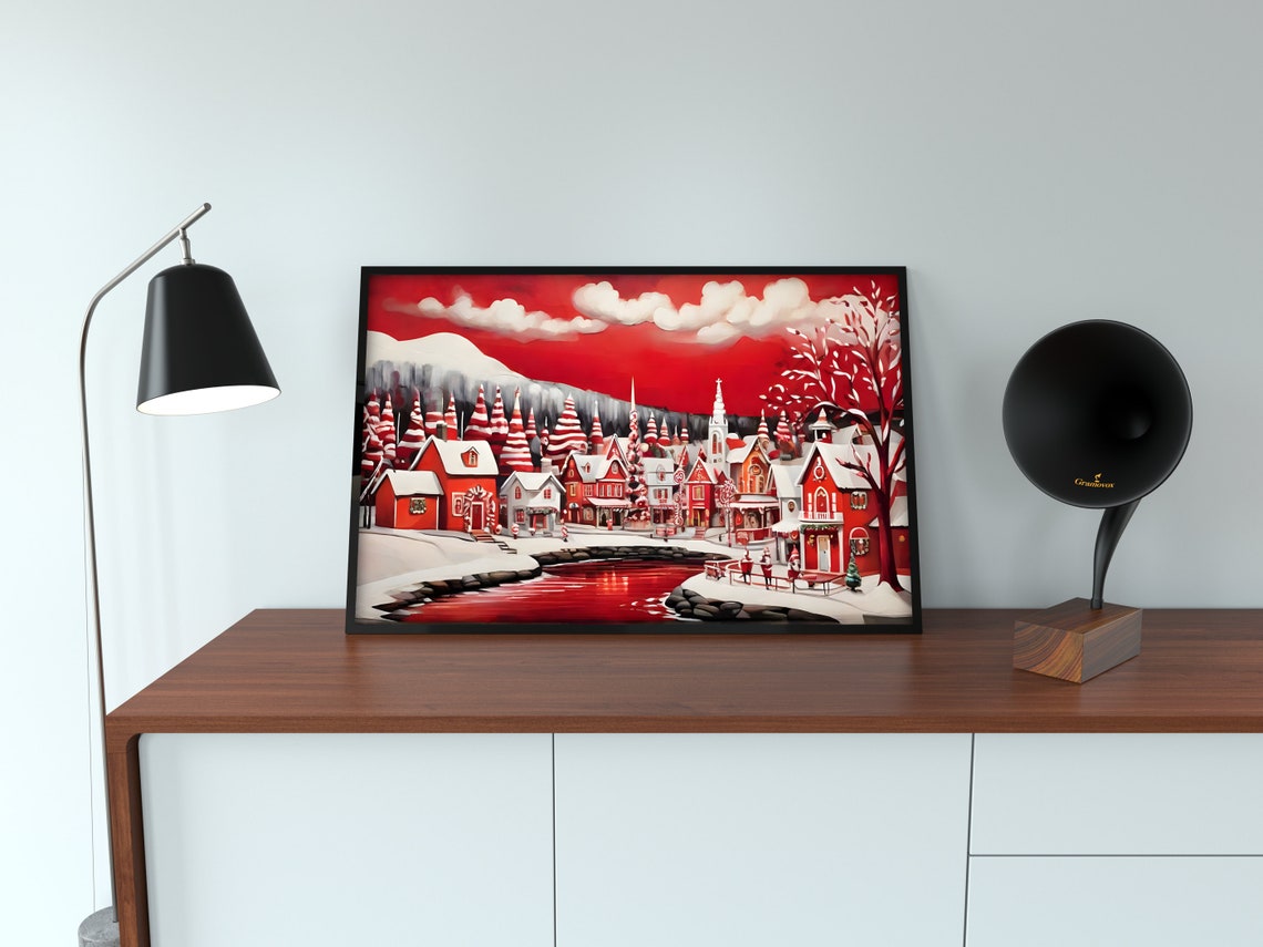 Red Christmas Village At Night By Red Lake Panoramic Wall Art Poster - Image 2