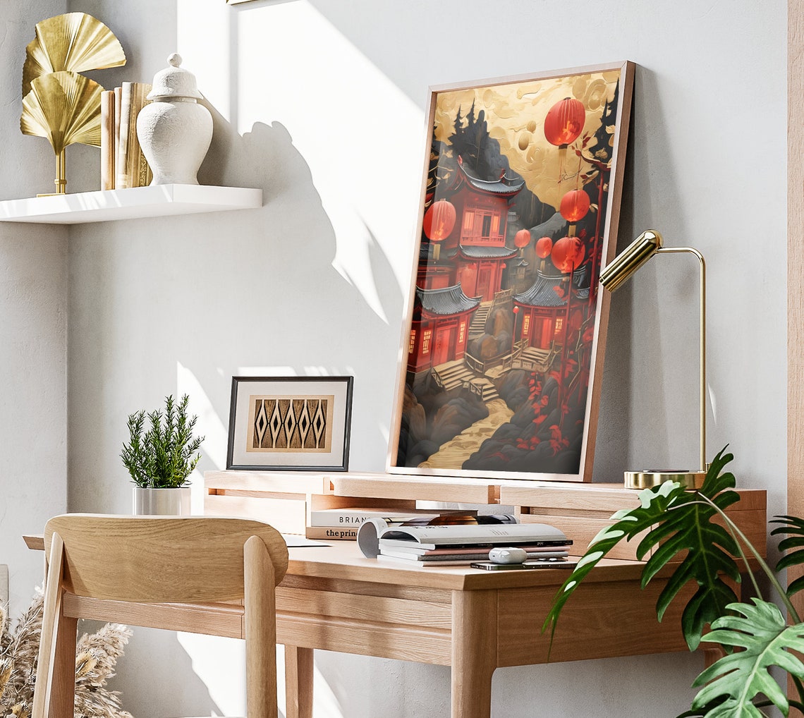 Chinese New Year Red Lanterns Golden Moon Mountain Art Poster - Image 3