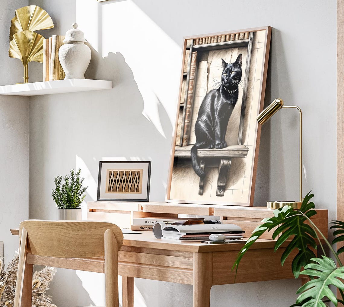 Black Cat Library Shelf Sketch Book Lover Vintage Art Poster - Image 3