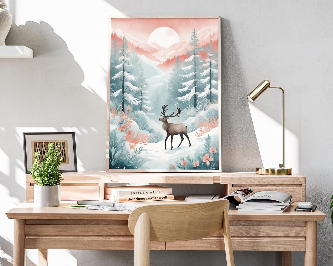 Deer In Snowy Forest Valley Under Pink Moon Winter Art Poster - Image 4