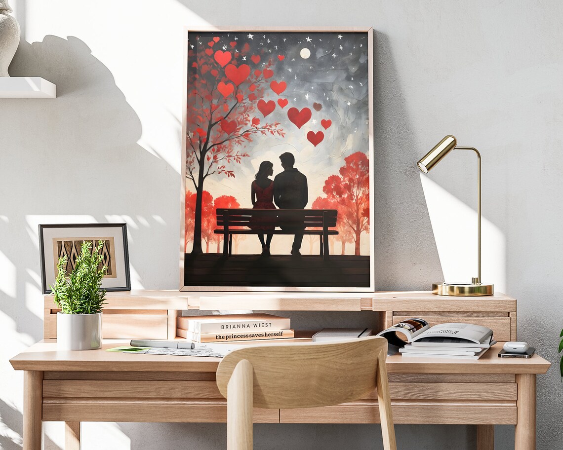 Valentines Couple Park Bench Heart Tree Starry Night Romantic Poster - Image 4