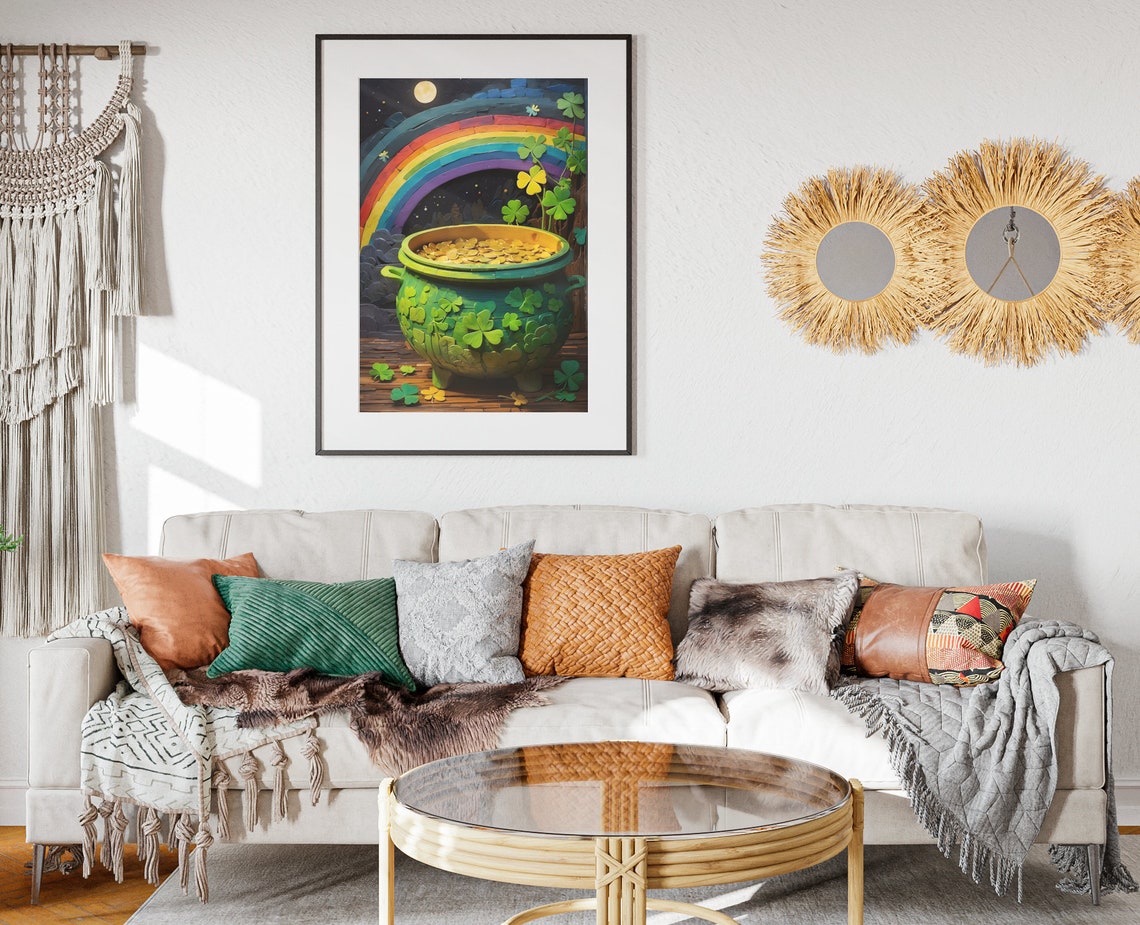 St Patricks Day Shamrock Pot Of Gold Rainbow Moonlit Night Poster - Image 2