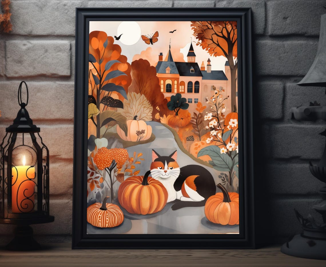 Calico Cat Pumpkin Patch Autumn Manor Path Fall Folk Art Poster