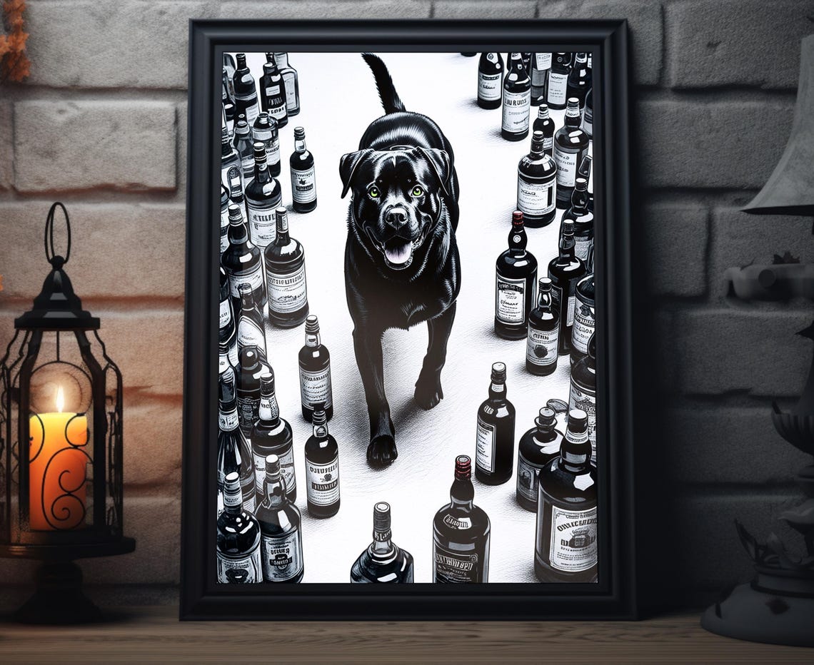 Black Labrador Walking Through Whiskey Bottles Bar Sketch Poster