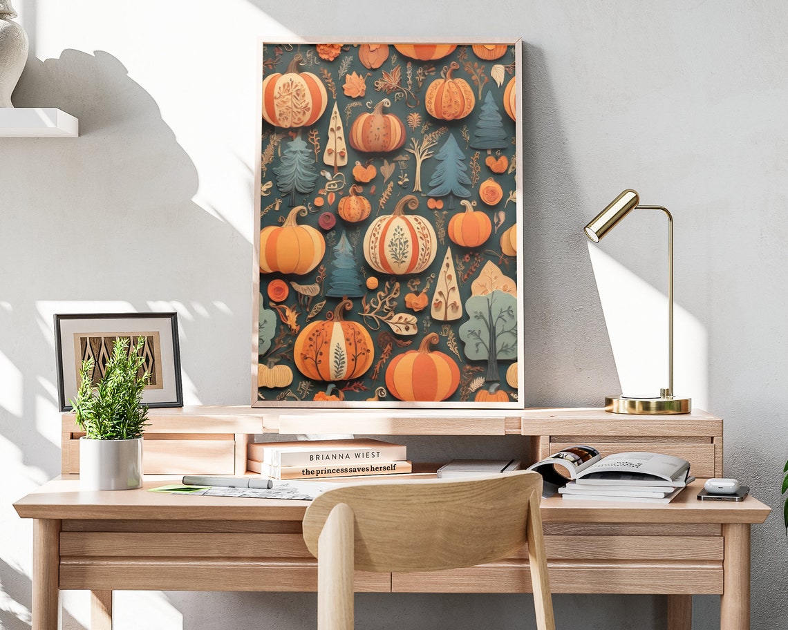 Fall Pumpkin Patch Pattern Teal Orange Autumn Folk Art Poster - Image 4