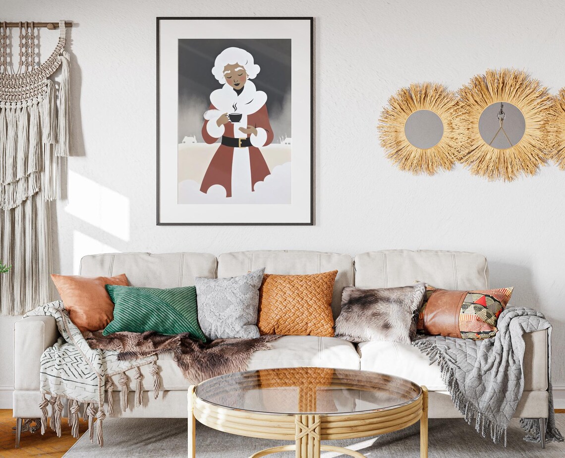 Mrs Claus Holding Hot Coffee Minimalist Cozy Christmas Art Print - Image 2