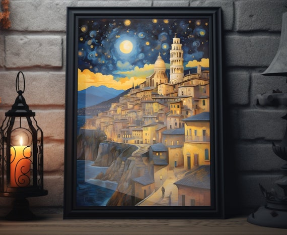 Italy Starry Night Matte Wall Art Italian Lakeview Artwork Leaning Tower Of Pisa Print Italy Painting Italian Decor Italy Art Poster