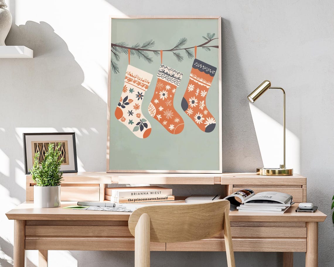 Boho Christmas Stockings Patterned Pine Branch Floral Holiday Poster - Image 4