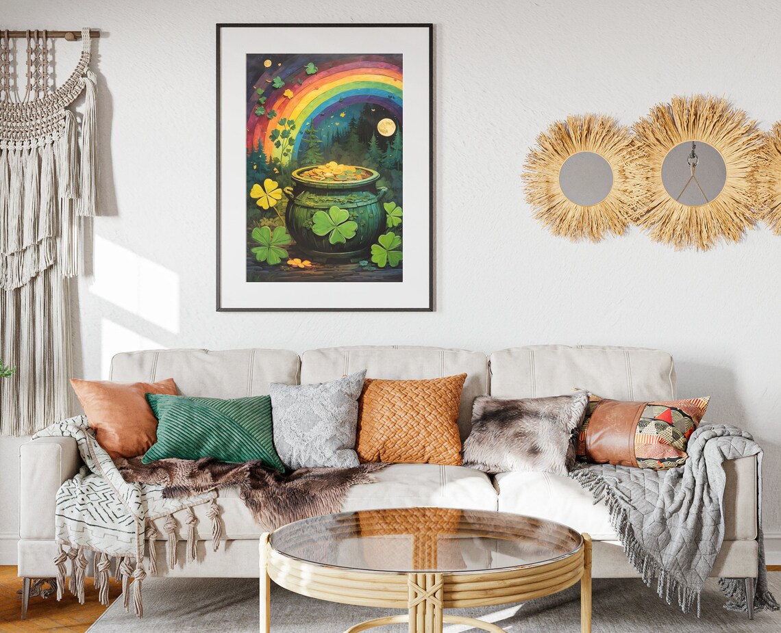 St Patricks Day Pot Of Gold Shamrock Rainbow Night Forest Folk Art Poster - Image 2