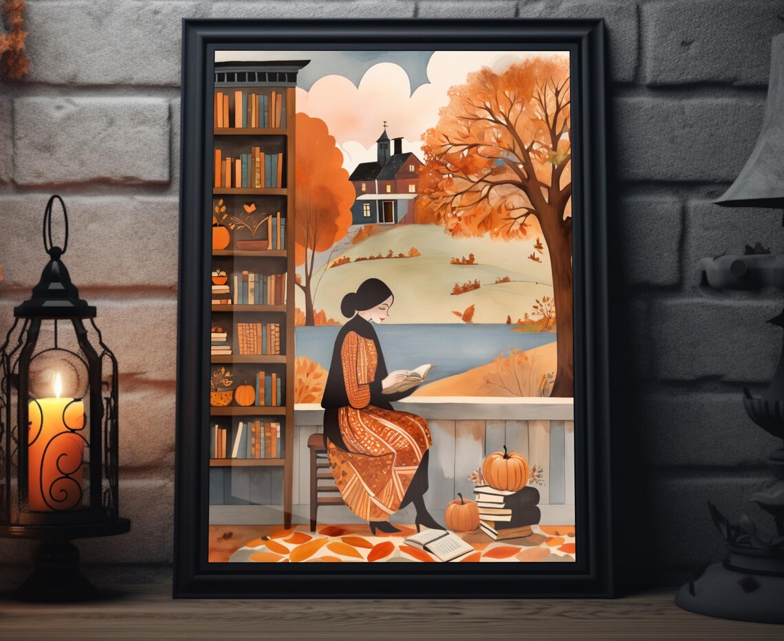 Woman Reading By Autumn Bookshelf Cozy Fall Bookworm Art Poster