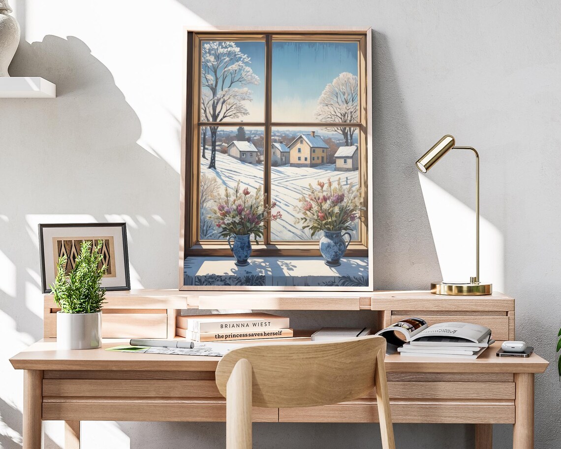 Snowy Village Houses Through Window With Blue Vases Art Poster - Image 4