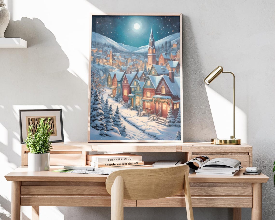 Winter Village Under Moonlight Glowing Church Night Art Poster - Image 4