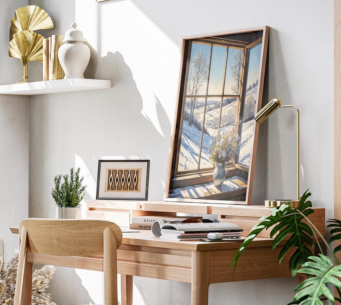 Sunlit Snowy Countryside Seen From Open Window Winter Wall Art Poster - Image 3