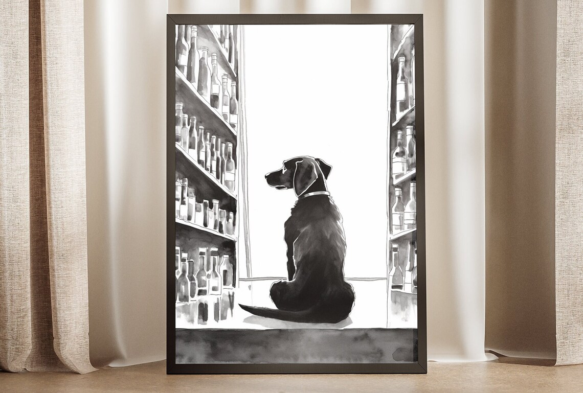 Black Labrador Sitting In Liquor Store Black White Ink Sketch Poster