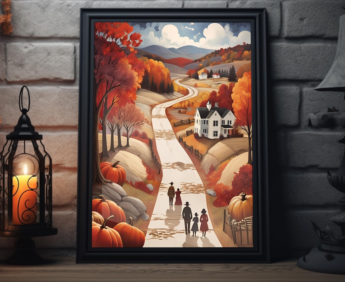 Country Road Autumn Pumpkins Family Farmhouse Harvest Scene Poster
