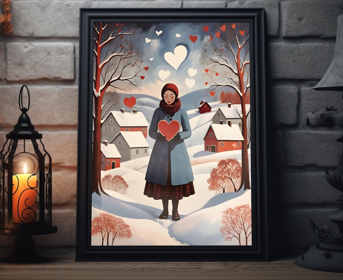Winter Heart Folk Art Print Christmas Painting Artwork Christmas Winter Wall Art Xmas Holiday Decor For Home Snowy Holiday Poster