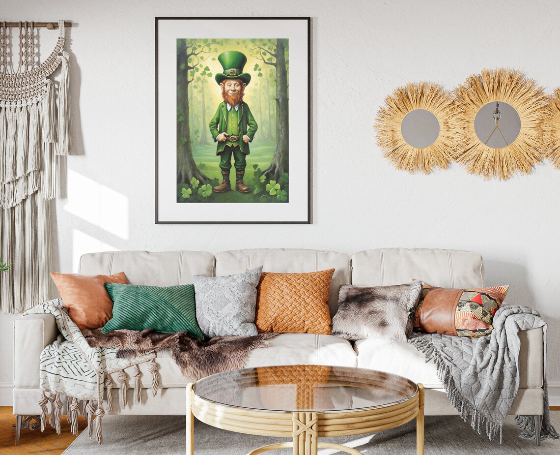 Cheerful Leprechaun Shamrock Forest St Patricks Day Folk Art Poster - Image 2