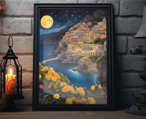 Italy Starry Night Matte Wall Art Italian Lakeview Artwork Coastal City Print Italian Painting Italian Decor Italy Folk Art Poster