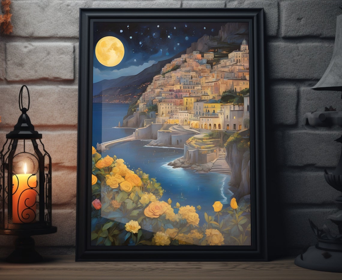 Italy Starry Night Matte Wall Art Italian Lakeview Artwork Coastal City Print Italian Painting Italian Decor Italy Folk Art Poster