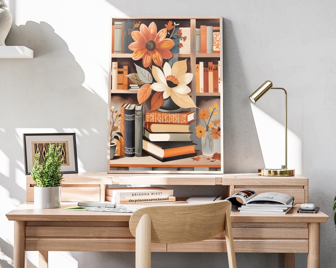 Bookshelf Flowers Vase Autumn Blooms Book Lover Floral Art Poster - Image 4